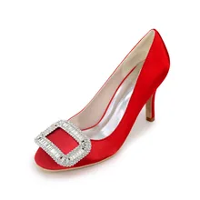 Closed toe dame satin kleid schuhe 6 cm med ferse mit kristall quadrat brosche für partei cocktail heels rot silber