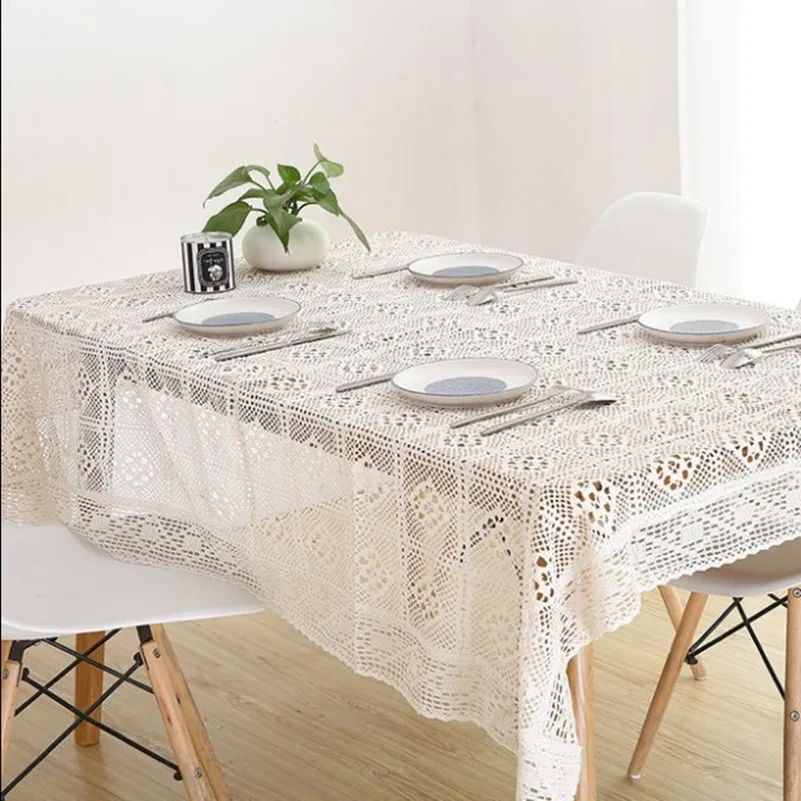 

White Lace Crocheted Tablecloth Cotton Rectangle Table Cloth Home Hotel Textile Decor