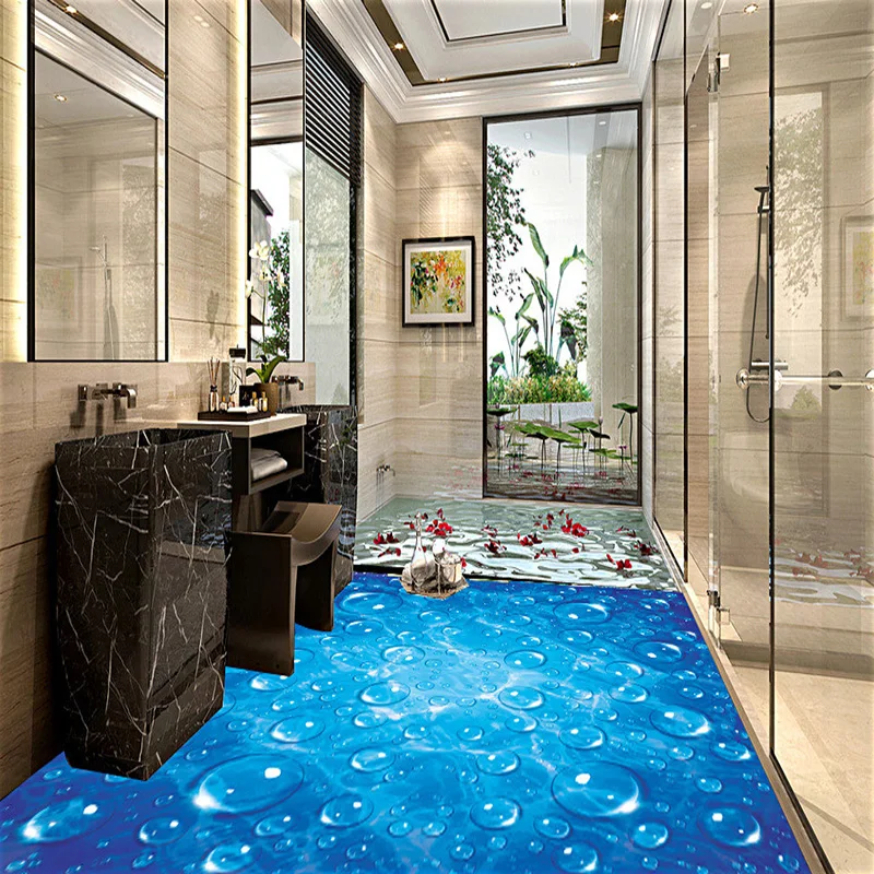 Papel de Parede Água para o para o Banheiro Gotas de Água Papel de Parede do Pvc Piso de Vinil Personalizado à Prova d’ Banheiro Onda Azul 3d Desgaste Não slip Cozinha do Pvc Pintura Mural da Parede