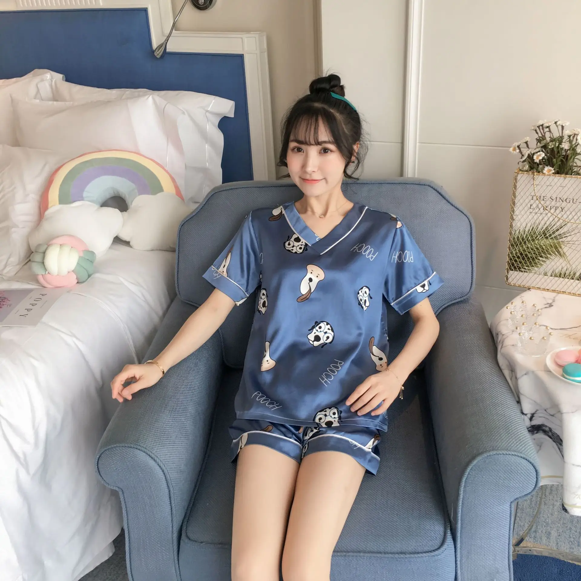 Pajama girls summer ice silk short sleeves two pieces of suit Korean fresh sweet lovely students thin silk home clothes