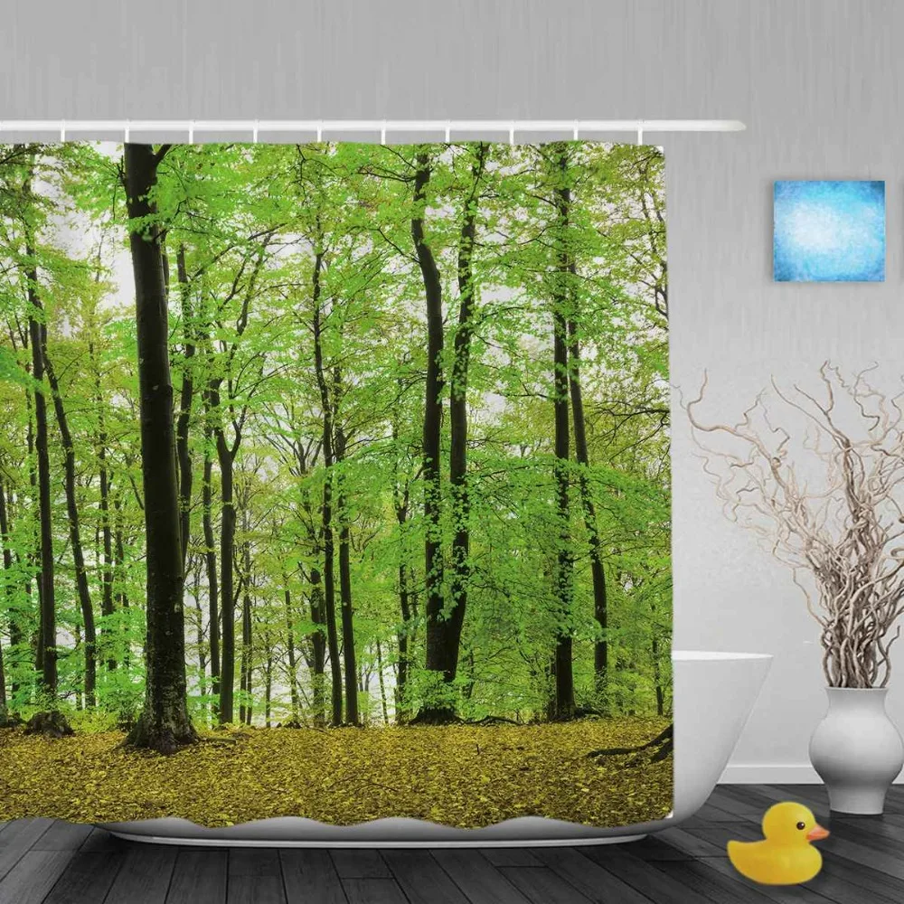 Mistig Bos Tijdens Lente Seizoen Badkamer Douche Gordijnen Natuur