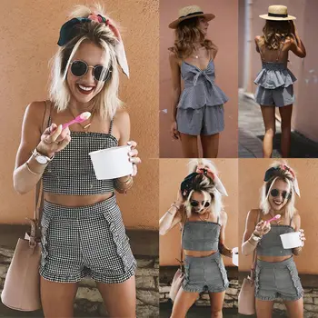 

Fashion Women Summer 2 Piece Set Strap Crop Top + Shorts Plaid Casual Two Pieces Outfit Set Women Clothing