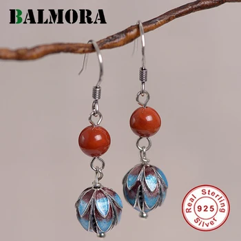 

BALMORA 925 Sterling Silver Lotus & Carnelian Drop Earrings for Women Lover Enameling Vintage Fashion Jewelry Brincos TRS31293
