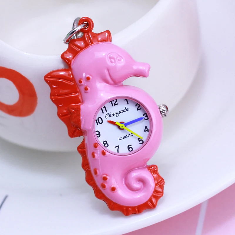 

2018 new children kids lovely creative hippocampus pocket watches students quartz necklace Key chains animal pendant fob watch