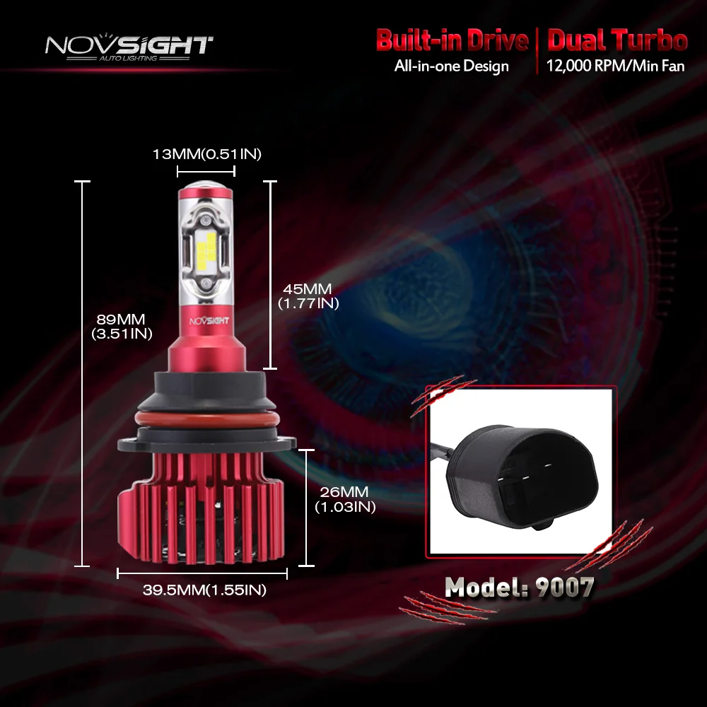 NOVSIGHT 9007 HB5, дальний/ближний свет, Автомобильный светодиодный светильник на голову, противотуманный светильник, 60 Вт, 6500 лм, противотуманные фары для вождения, K, холодный белый цвет