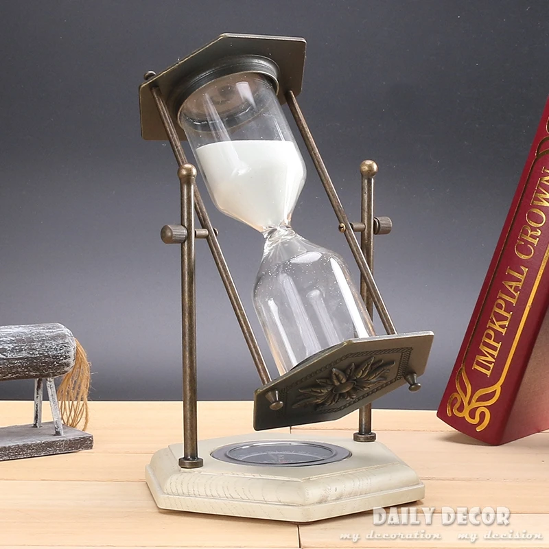 Rotating hourglass with compass metal antique wood hour hourglass Flip