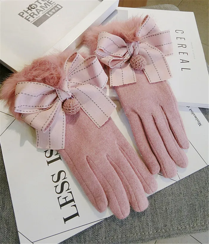 pink Зимние женские кашемировые перчатки для сенсорного экрана, женские шерстяные варежки из кроличьего меха, элегантная перчатка с бантом для женщин - Цвет: pink