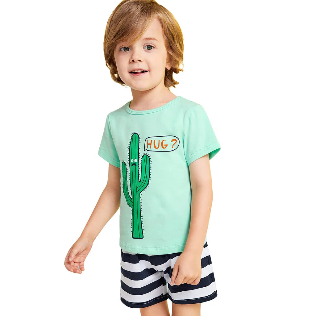 

Toddler Boys Clothes 2019 Boy Cartoon Cactus Printed Shirt Tops + Striped Shorts Pants Children Clothing Set 1 2 3 4 5 Years