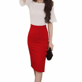 

Red Black Women Midi Skirt Slim OL Sexy Open Slit Button Slim Pencil Skirts Elegant Ladies Knee Length Skirts