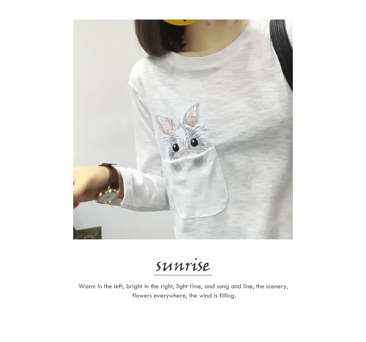 Осенние женские футболки уличная Модная белая футболка с длинным рукавом Женские новые свободные топы с вышитым кроликом футболки размера плюс