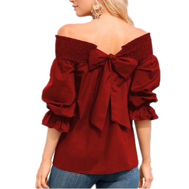 Sexy Off Shoulder Spring Summer Strapless Blouse Women Bowknot Tops Slash Neck Shirts Casual Loose blusas