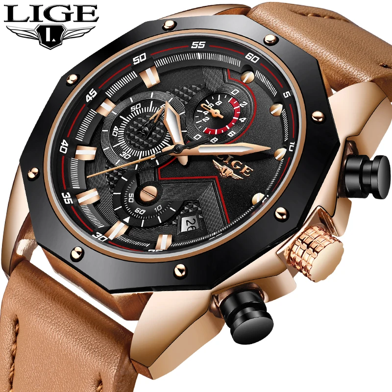 

LIGE Men Watches Top Brand Luxury Business Quartz Watch Men Gold Leather Military Waterproof Sport WristWatch Relogio Masculino