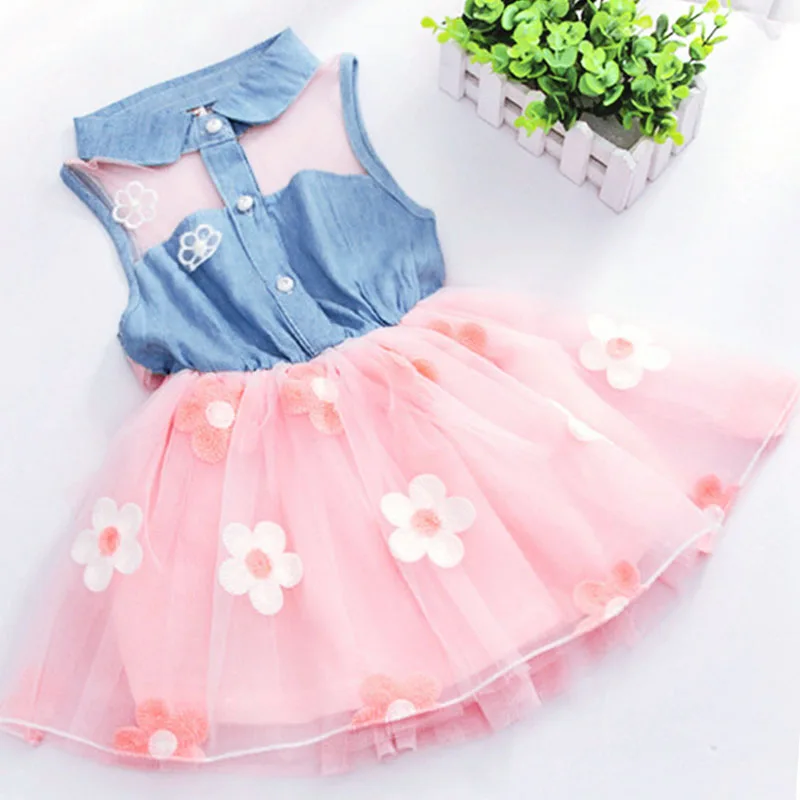 

2017 new beautiful princess gauze Mini Party Princess Dress Baby Baby Flower cowboy sleeveless Princess Dress