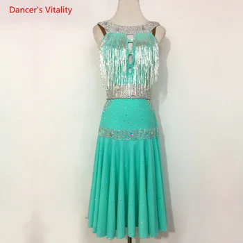 

Luxury Child Kids Latin Dance Performance Clothing Adult Ballroom Dance Competition Costume Sleeveless Diamond Lotus Leaf Dress