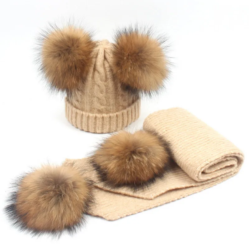 

Fashion Genuine Wool Cable Knitted Hat Scarf Set For Children Warm Woolen Baby Girl Real Raccoon Fur Pompom Winter Cap Scarf Set