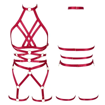 

Red Lingerie for Women Harness Harajuku Punk Bra Full Body Strappy Hollow Out Chest Belts Pentagram Plus Size Garter Belt