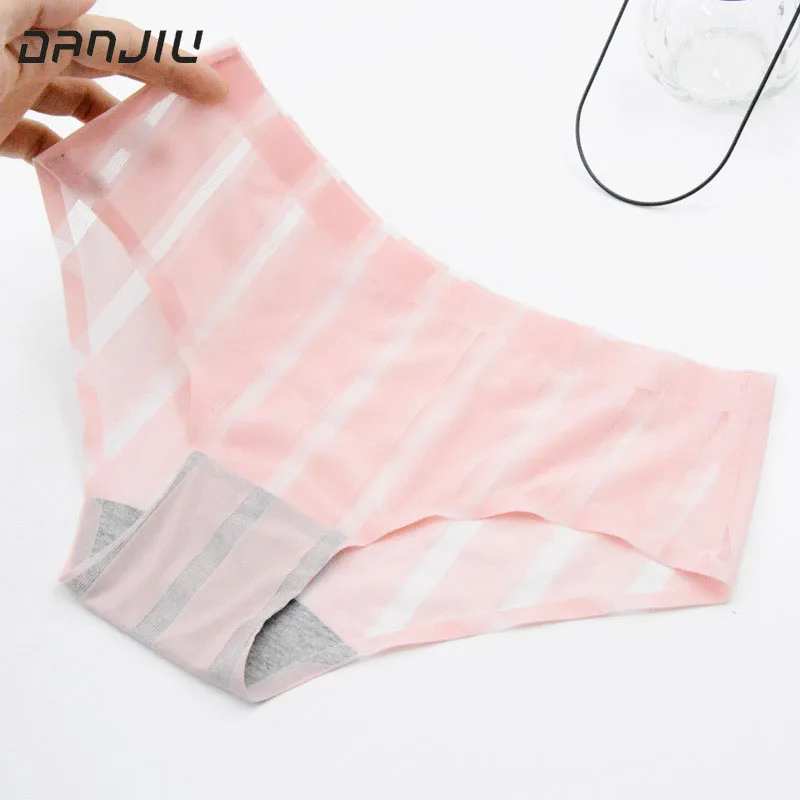 

DANJIU Ice Silk Ladies Woman Seamless Sexy Panties Low Waist Briefs Female Stripe Soft Breathable Women's Thin Underwear