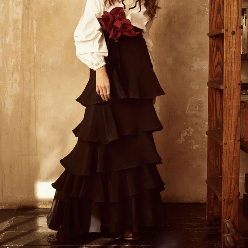 

High Street 2017 Ruffles Tiered Long Skirts Women With Handmade 3D Flower Custom Made Female Adult Skirt Zipper Saia Longa