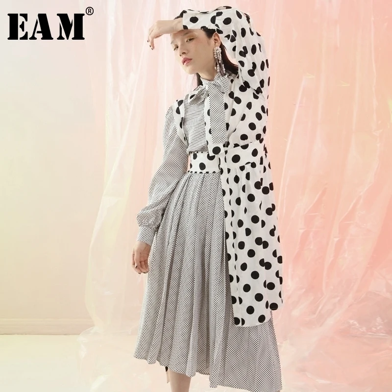 [EAM]2018 New Summer Lapel Long Sleeve Black Bow Dot Striped Prined Split Joint Pleated Irregular Dress Women Fashion Tide JF359