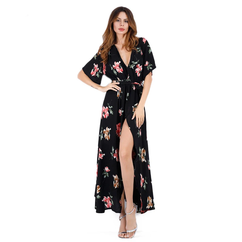 Boho печати шифон платье длинное женщины 2019 Сексуальная V шеи короткий рукав