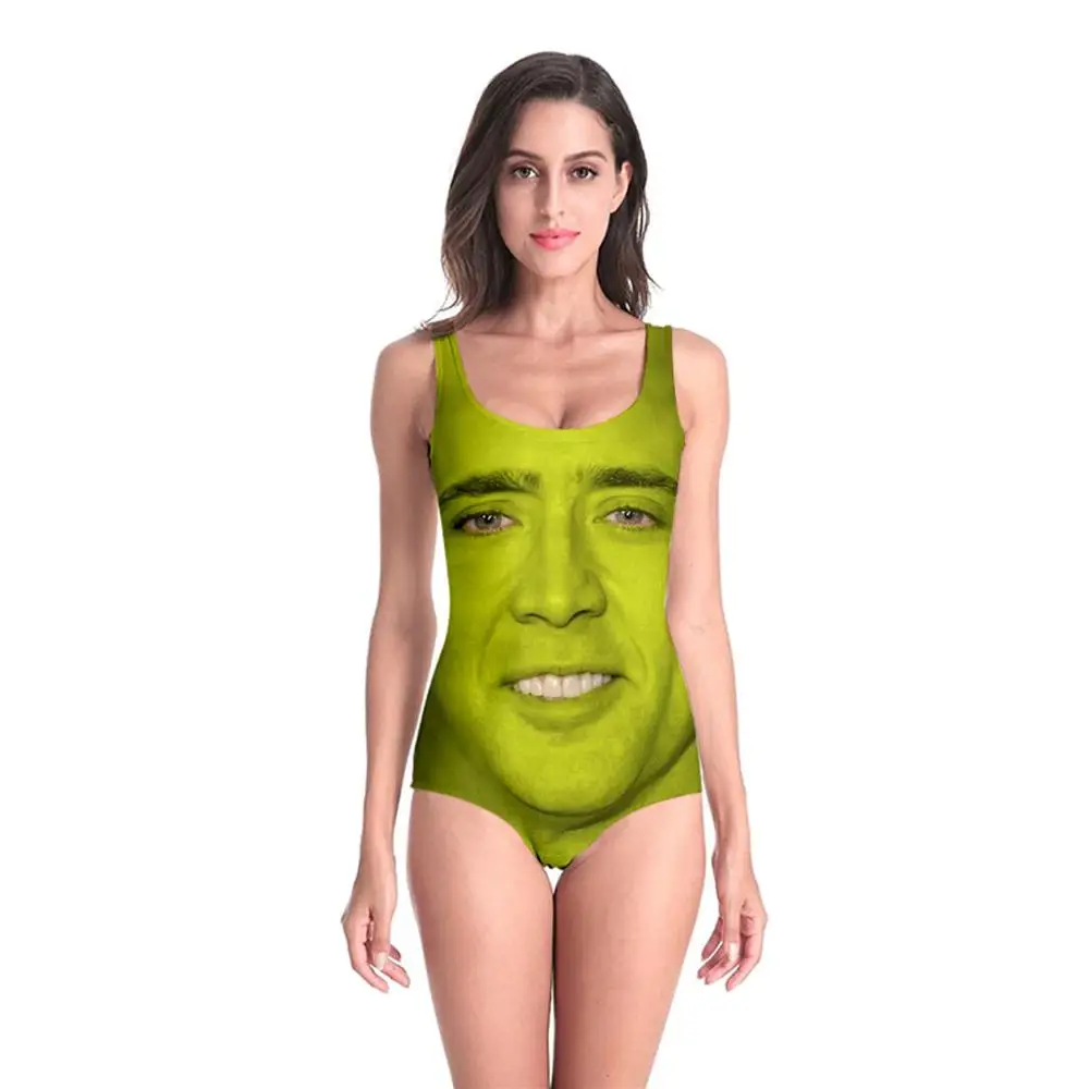 New Sleeveless Swim Suit Sexy 3D Beach Style Suit Printed Girl Swimsuit One Piece Swimwear women Cosplay Nicolas Cage Funny-3
