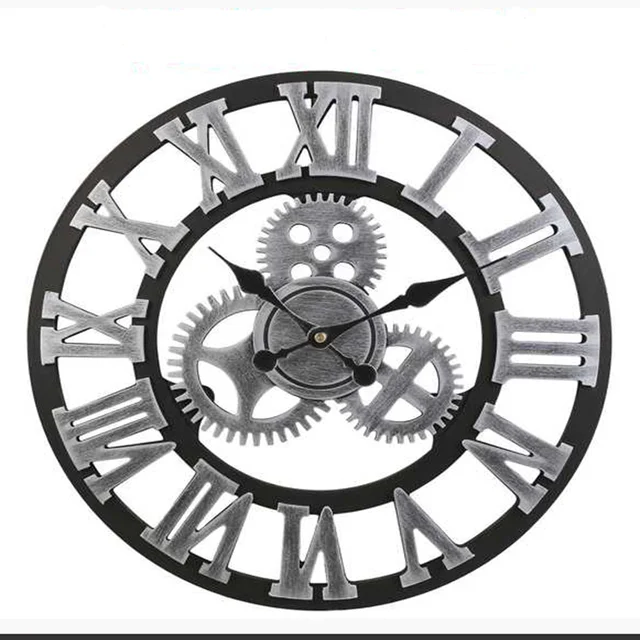 Cheap Retro Vintage European Handmade 3D Gear Decorative Wooden Vintage Wall Clock (Silver Color)