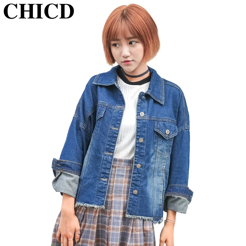 CHICD 2017 Autumn Women Denim Short Jacket Casual Blue Slim Burrs Hem