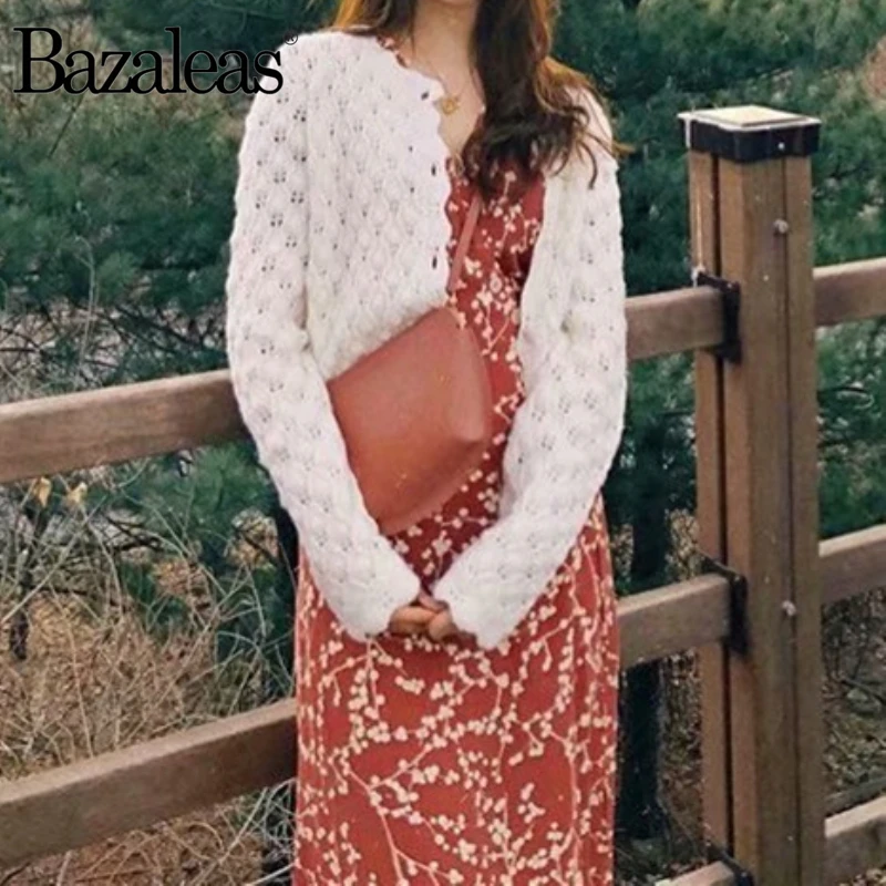 

Bazaleas Vintage Scalloped detail Kintted Carfigans France chic meshes women Sweater elegant Casual Drop shipping