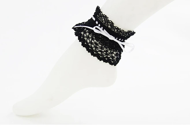 Милые гетры Лолита для принцесс с ленточным кружевом и лентой лук-веревка носки с угловым рисунком Топ подходит для любых носков розовый, черный, белый QSR01 - Цвет: Темно-серый