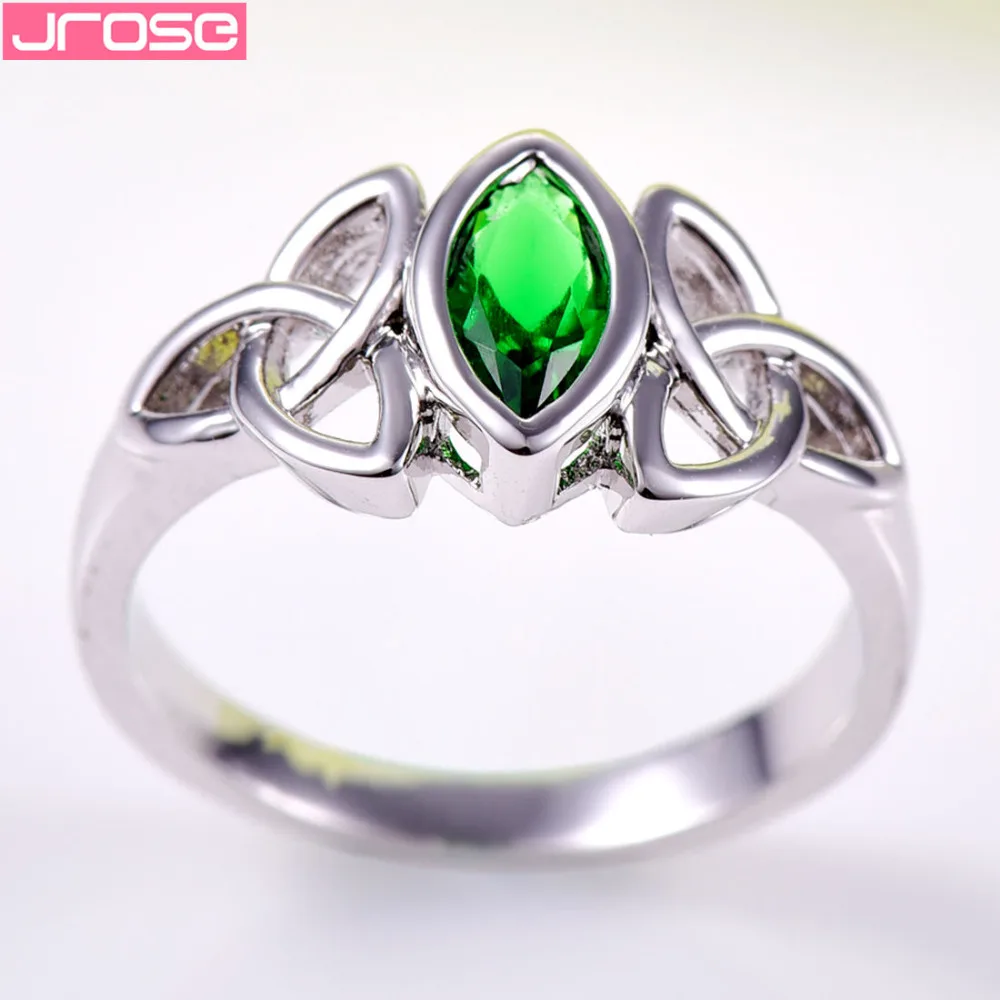 JROSE Engagement Party Green Cubic Zircon Celtic Knot Jewelry White Gold Color Ring Size 6 7 8 9 10 Anniversary Gifts For Lovers