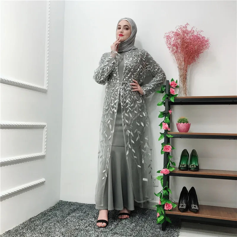 Рамадан Абая для женщин сетчатый кардиган мусульманское платье хиджаб Восточный халат из марокена кафтан абайя кимоно халат Femme мусульманская одежда для Дубай одежда - Цвет: gray cardigan