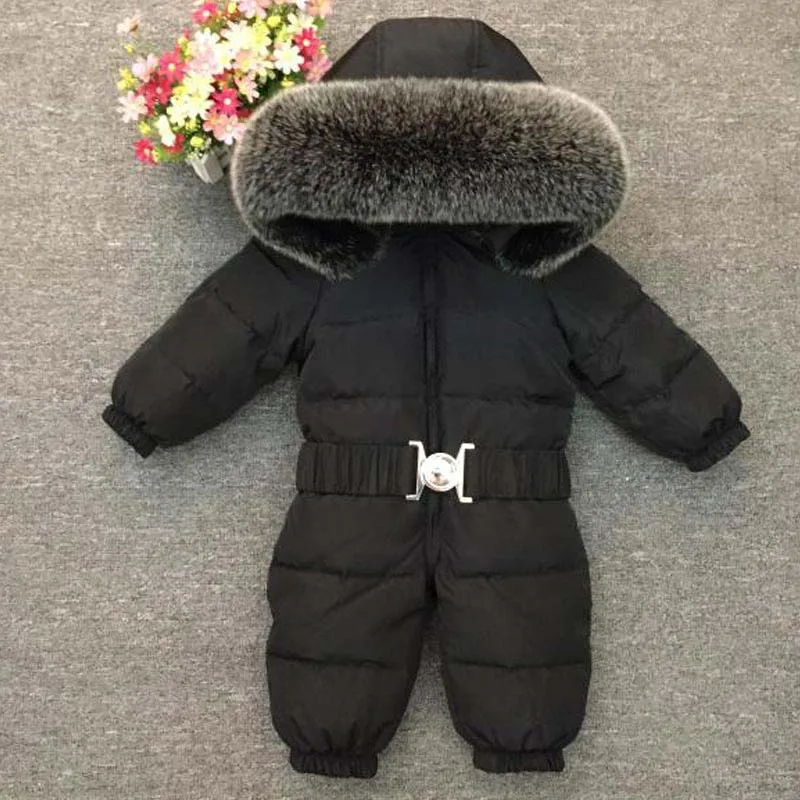 

Winter sets Baby Gril Boy Down Thick Rompers Children Wadded Jacket Nature Fox Fur Jumpsuits Newborn SnowSuit Enfant Overalls