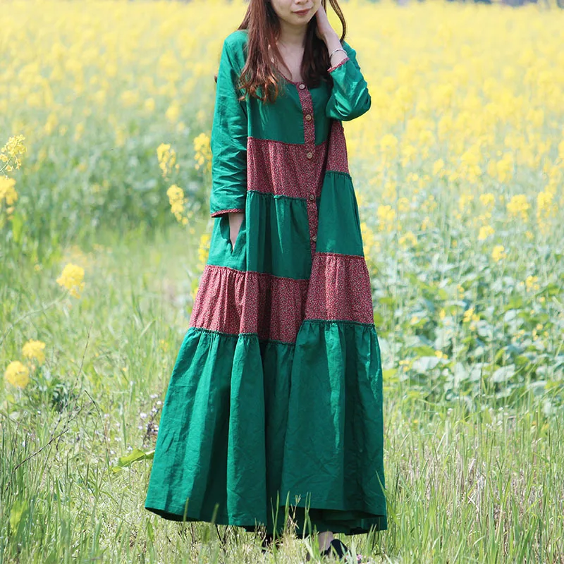 

LZJN 2019 Summer Autumn Long Bohemian Dress Cotton Linen Women Floral Shirt Dress Maxi Rockabilly Patchwork Red Boho Robe Femme