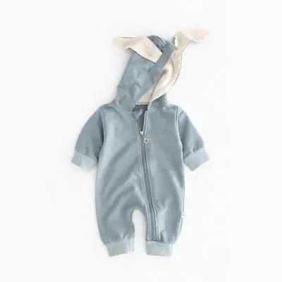 Одежда для новорожденных хлопковые комбинезоны с длинными рукавами и капюшоном для маленьких мальчиков и девочек, милый комбинезон с заячьими ушками, весенне-осенние пижамы Roupa - Цвет: blue