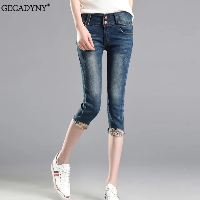 2017 Women's Skinny Jeans Summer Knee Length Blue Stretch Denim Trousers & Capris Women Plus Size Shorts Pencil Pants Female