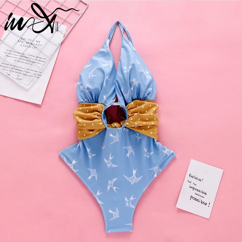 

In-X Hollow out one-piece swimsuit 2019 Retro bikini Bow-knot swimwear women monokini Blue bathing suit Print summer bodysuit XL