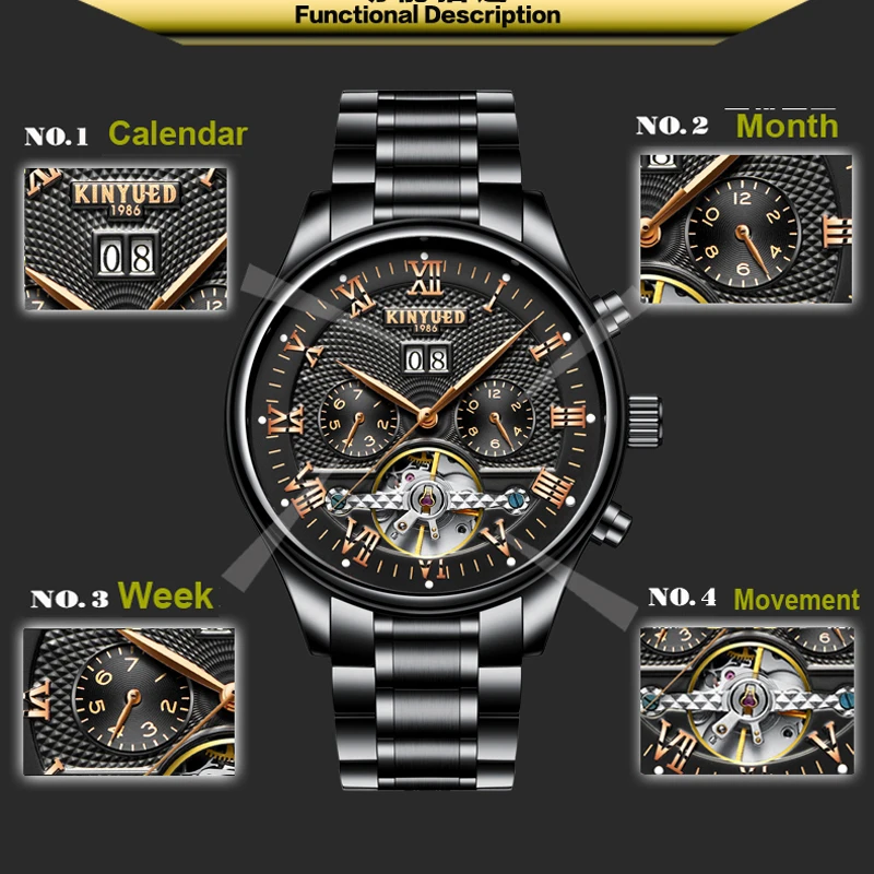 KINYUED Роскошные модные брендовые автоматические часы, мужские механические часы с турбийоном и скелетом, мужские часы с вечным календарем