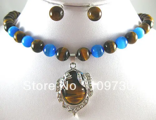 

Hot sell Noble- FREE SHIPPING>>@> Jewelry 00518 5 colors! fine 10mm tiger eye stone/blue jade necklace pendant stud/clip earring