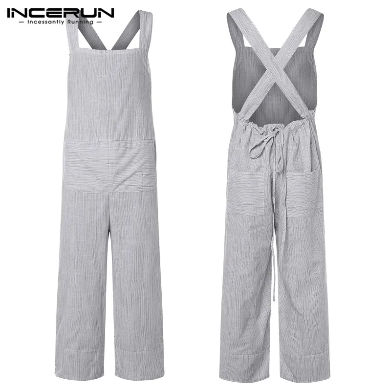 Retro Men Overalls Women Rompers Stripe Wide Leg Pants Dungarees Casual Jumpsuits Long Trouser Hombre Garment Overalls Unisex - Цвет: White