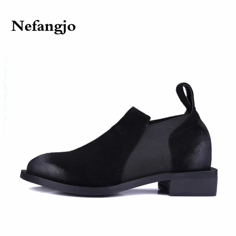 

Nefangjo 2018 Round Toe Thick Heel Elastic Band Chelsea Boots Genuine Leather Fashion Causal Ankle boots Non-Slip Women's shoes