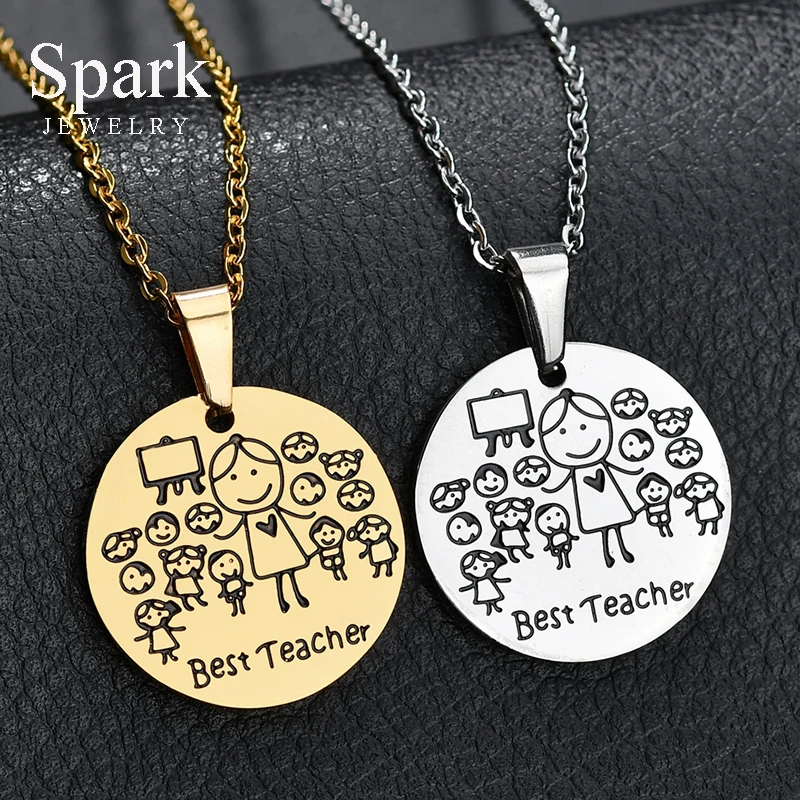 Cute Engraved "Best Teacher" Pendant Necklace For Women Stainless Steel