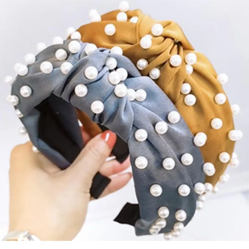 

Trendy Pearls Headband for Women Top Knot Beading Solid Fabric Hairband Headband Girls Hair Accessories Adult Head Band