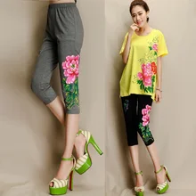 2016Women New Plus size China style peony hand painted pants Elastic Waist Casual Cropped Capri pants leggings trousers 4XL 5XL