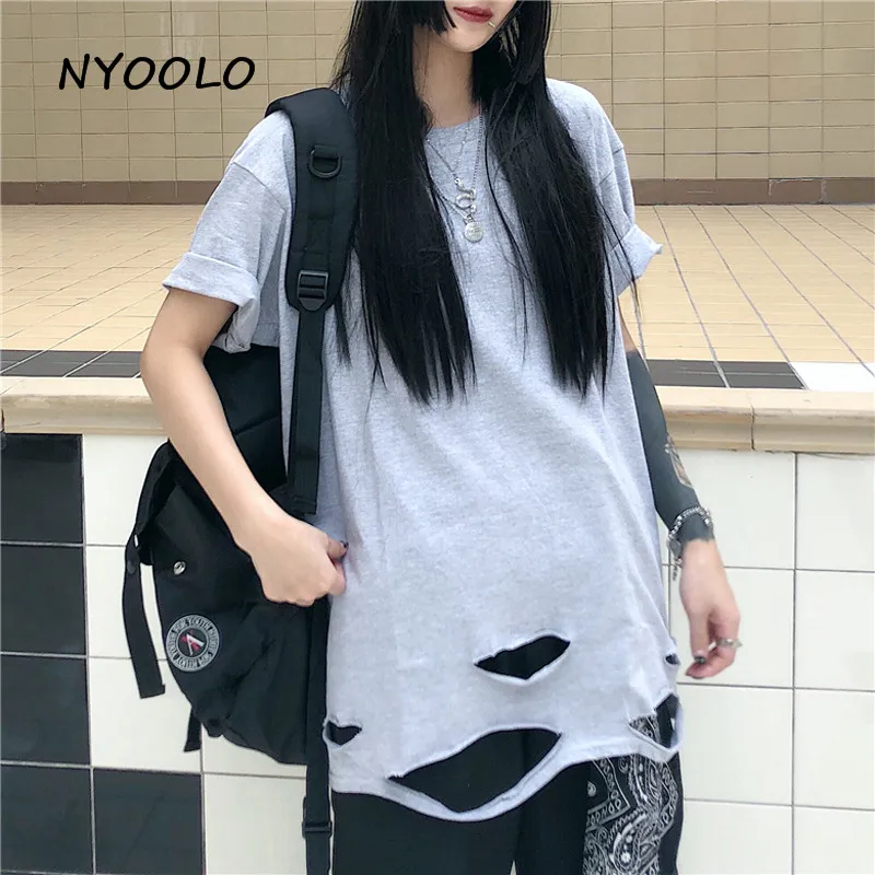 NYOOLO Harajuku Стильная однотонная футболка с дырками, летняя уличная свободная футболка в стиле хип-хоп с коротким рукавом, Женская/Мужская одежда, топы, футболки - Цвет: Серый