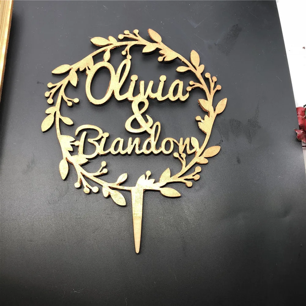 Coroa de Flores de Casamento Festa de Casamento Nome de Madeira Personalizado Bolo Topper Decoração da Personalizado Rústico Bolo Topper