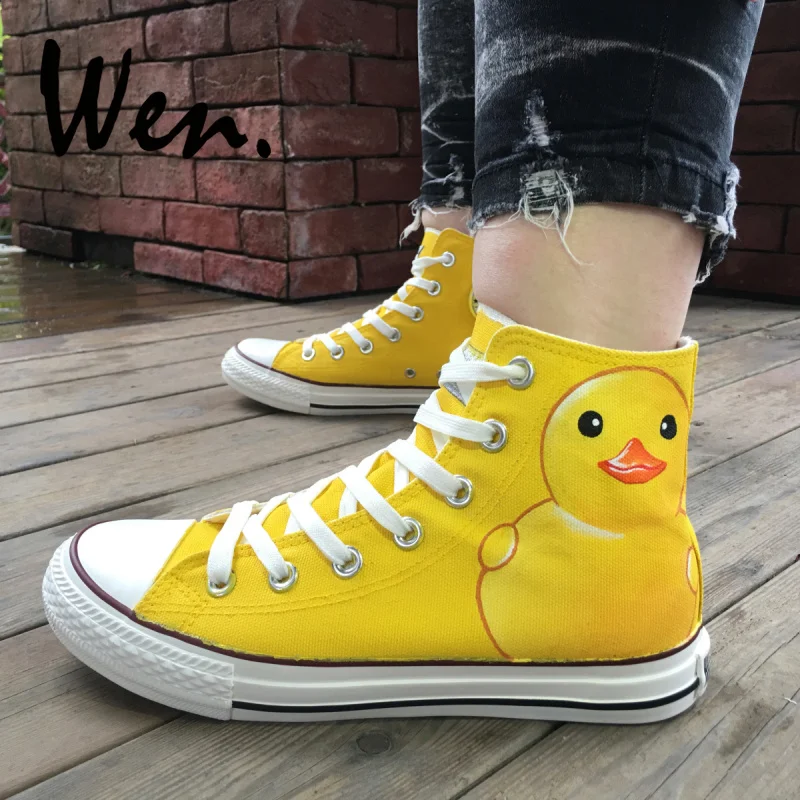 

Wen Hand Painted Shoes Design Custom Cartoon Yellow Duck Woman Man's High Top Canvas Sneakers Birthday Gifts for Boys Girls