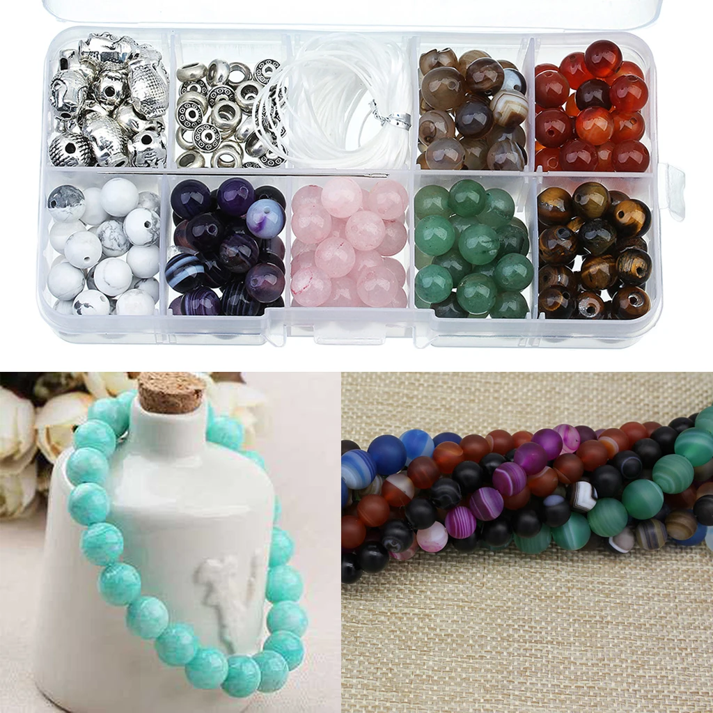

1 Set Natural Stone Loose Round Beads w Buddha Skull Beads Crystal Elastic Cord Kit Beads For Beading Jewelry Bracelet DIY Craft
