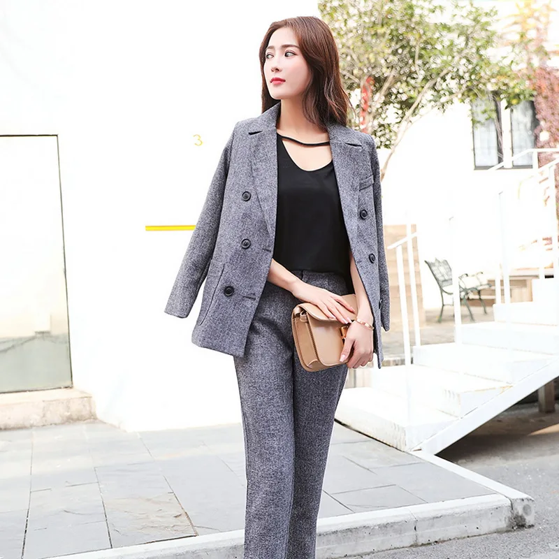

2019 New Fashion Slim Business Wear Elegant Women Office OL Jacket Set Formal Blazer + Pants Casual Suit Feminino Female Gray