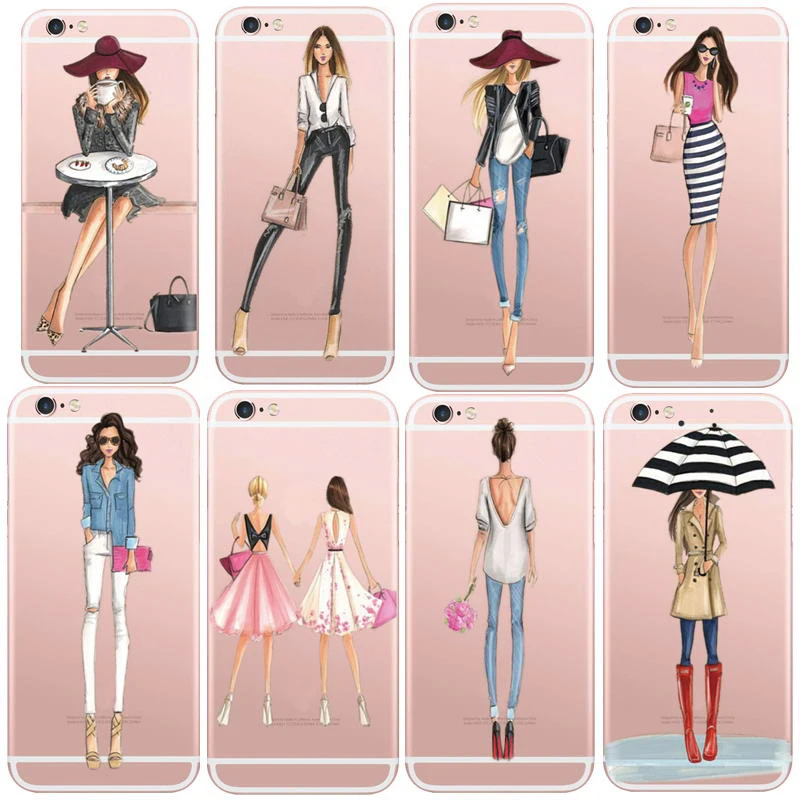Cases For iPhone 6 6s Plus 6Plus Fashionable Dress Shopping Modern Girls Painted TPU Transparent Clear Soft Silicon Phone Cover