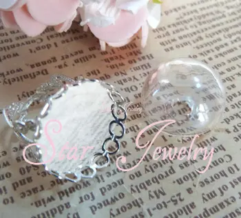 

Hot sale 20*12mm pyrex glass bubble vial + 20mm lace pad silver adjustable ring base(without beads in vial)
